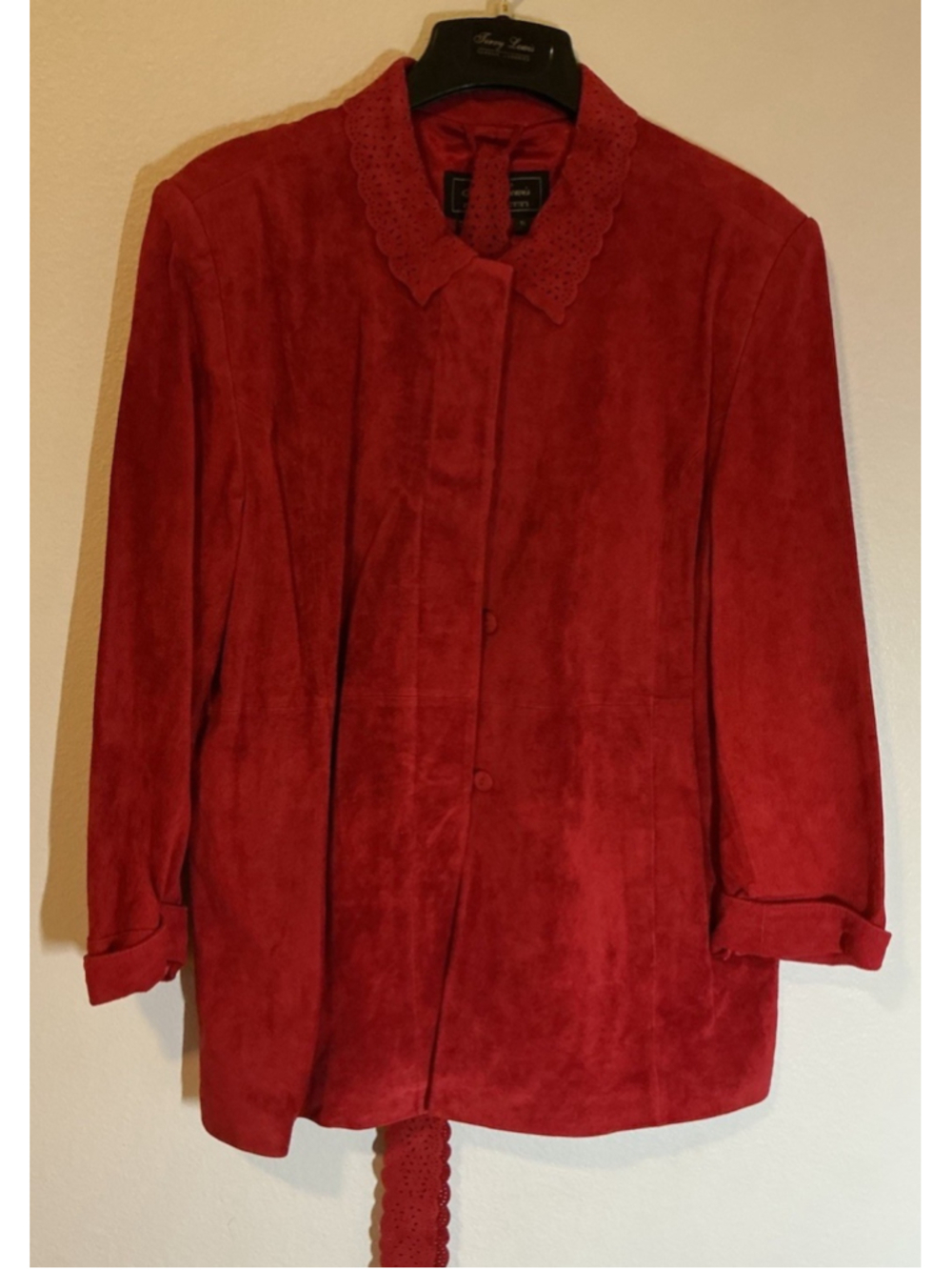 Terry Lewis Leather Suede Jacket 1X Plus Red Laser Cut Scallop Collar Belted.